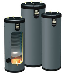 Three Phase III water heaters, one cutaway to show inside