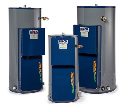 Three different sized blue and grey Bock water heaters